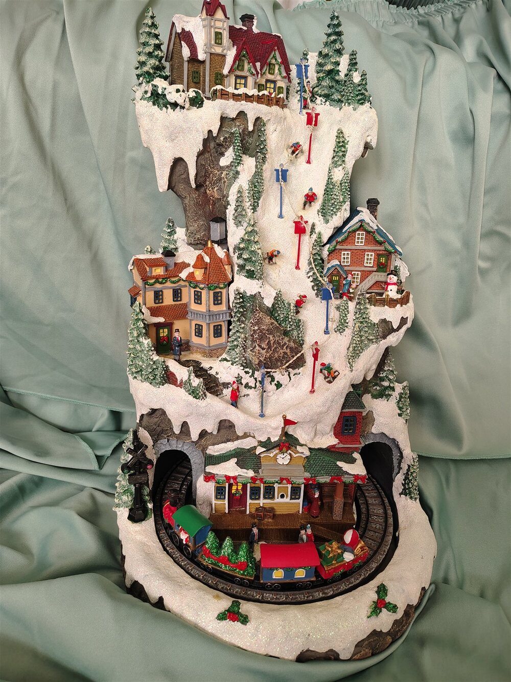 Lighted Christmas Mountain Village with Running Train